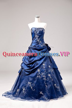 One Shoulder Sleeveless Quinceanera Gown Floor Length Embroidery and Hand Made Flower Blue