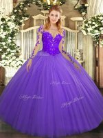 Pretty Floor Length Lavender Vestidos de Quinceanera Tulle Long Sleeves Lace