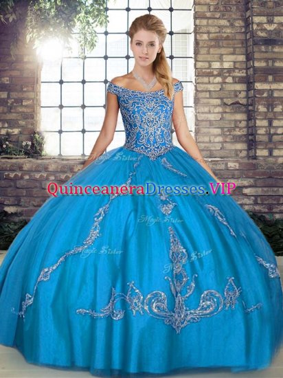 Blue Sleeveless Floor Length Beading and Embroidery Lace Up Quinceanera Gowns - Click Image to Close