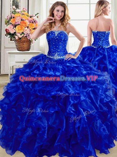 Royal Blue Organza Lace Up Quinceanera Gowns Sleeveless Floor Length Beading and Ruffles - Click Image to Close