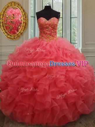 Coral Red Sleeveless Organza Lace Up Party Dress Wholesale for Military Ball and Sweet 16 and Quinceanera