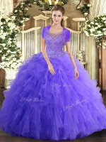 Sleeveless Floor Length Beading and Ruffled Layers Clasp Handle Quinceanera Gown with Lavender
