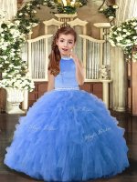 Stylish Blue Ball Gowns Halter Top Sleeveless Tulle Floor Length Backless Beading Pageant Gowns For Girls
