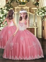 Fashion Watermelon Red Tulle Lace Up Straps Sleeveless Floor Length Child Pageant Dress Appliques
