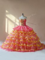 Spectacular Pink Ball Gowns Beading and Ruching Vestidos de Quinceanera Lace Up Organza Sleeveless