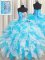 Floor Length Blue And White Quinceanera Gowns Organza Sleeveless Ruffles and Sequins
