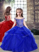 Dramatic Floor Length Royal Blue Glitz Pageant Dress Off The Shoulder Sleeveless Lace Up