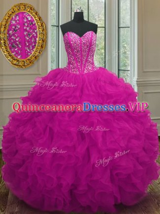Decent Fuchsia Sleeveless Organza Lace Up Quinceanera Gowns for Military Ball and Sweet 16 and Quinceanera