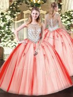 High End Coral Red Zipper Scoop Beading and Appliques Sweet 16 Dresses Tulle Sleeveless(SKU SJQDDT1313002BIZ)