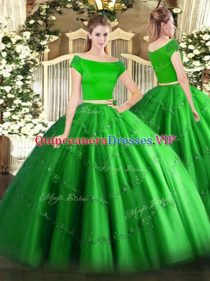 Short Sleeves Floor Length Appliques Zipper Quinceanera Gowns with Green - Click Image to Close