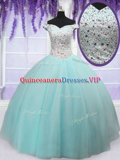 Beauteous Off The Shoulder Short Sleeves Tulle Quinceanera Dresses Beading Lace Up - Click Image to Close