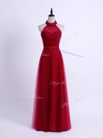 Exquisite Halter Top Sleeveless Tulle Dama Dress for Quinceanera Lace and Appliques Lace Up