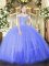 New Style Sleeveless Tulle Floor Length Lace Up Quinceanera Gowns in Blue with Beading