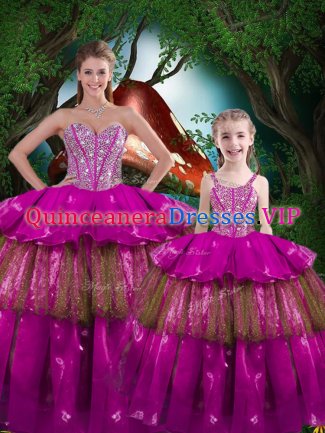 Nice Fuchsia Sweetheart Lace Up Beading and Ruffled Layers Quinceanera Gowns Sleeveless