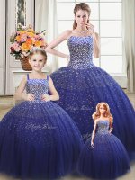 Royal Blue Tulle Lace Up Strapless Sleeveless Floor Length Ball Gown Prom Dress Beading