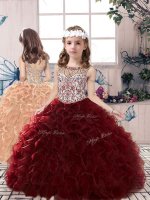 Burgundy Sleeveless Floor Length Beading and Ruffles Lace Up Child Pageant Dress