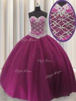 Colorful Sleeveless Floor Length Beading and Sequins Lace Up Sweet 16 Dress with Fuchsia