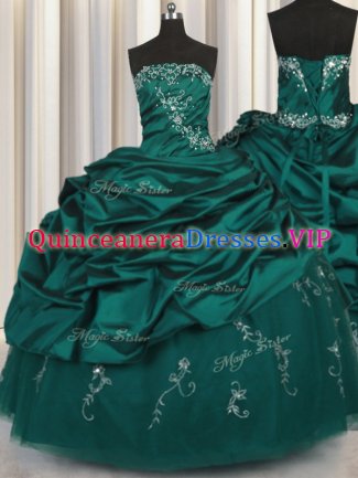 Pick Ups Embroidery Floor Length Ball Gowns Sleeveless Peacock Green Quinceanera Gowns Lace Up
