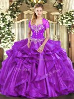 Purple Ball Gowns Beading and Ruffles Quince Ball Gowns Lace Up Organza Sleeveless Floor Length