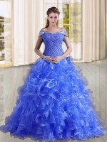 Blue 15 Quinceanera Dress Off The Shoulder Sleeveless Sweep Train Lace Up