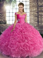 Dazzling Ball Gowns Vestidos de Quinceanera Rose Pink Off The Shoulder Fabric With Rolling Flowers Sleeveless Floor Length Lace Up