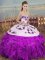 Popular Sleeveless Organza Floor Length Lace Up Quinceanera Dress in White And Purple with Embroidery and Ruffles and Bowknot