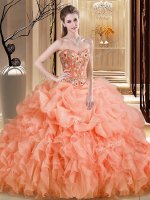 Organza Sweetheart Sleeveless Brush Train Lace Up Beading and Embroidery and Ruffles 15th Birthday Dress in Orange(SKU SJQDDT928002-2BIZ)