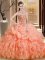 Organza Sweetheart Sleeveless Brush Train Lace Up Beading and Embroidery and Ruffles 15th Birthday Dress in Orange