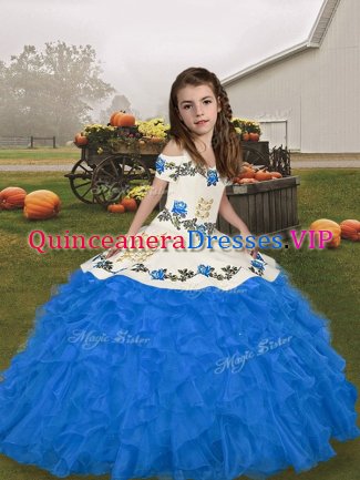 Sleeveless Organza Floor Length Lace Up Pageant Dress for Womens in Blue with Embroidery and Ruffles
