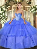 Sweetheart Sleeveless 15 Quinceanera Dress Floor Length Beading and Ruffled Layers Blue Tulle