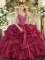 Traditional Wine Red Organza Lace Up Straps Sleeveless Floor Length Quinceanera Gown Beading and Ruffles