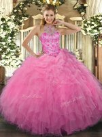 Luxurious Rose Pink Organza Lace Up Halter Top Sleeveless Floor Length 15th Birthday Dress Beading and Embroidery and Ruffles
