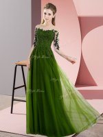 Luxurious Bateau Half Sleeves Dama Dress for Quinceanera Floor Length Beading and Lace Olive Green Chiffon