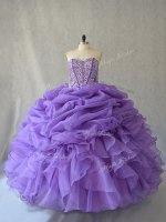 Comfortable Sleeveless Floor Length Lace Up 15th Birthday Dress in Lavender with Beading and Ruffles and Pick Ups