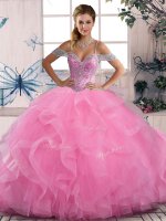 Ball Gowns 15th Birthday Dress Rose Pink Off The Shoulder Tulle Sleeveless Floor Length Lace Up