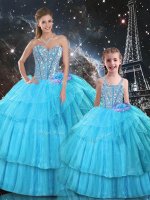 Floor Length Lace Up Vestidos de Quinceanera Aqua Blue for Military Ball and Sweet 16 and Quinceanera with Ruffled Layers and Sequins
