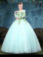 Scoop Aqua Blue Lace Up Ball Gown Prom Dress Appliques Long Sleeves Floor Length(SKU YCQD0165-1BIZ)
