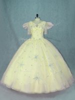 Exceptional Yellow Short Sleeves Organza Zipper 15 Quinceanera Dress for Quinceanera