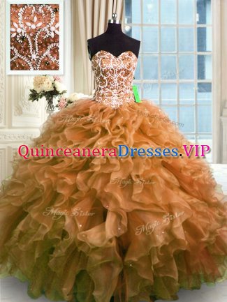 Fashionable Brown Organza Lace Up Vestidos de Quinceanera Sleeveless Floor Length Beading and Ruffles