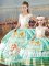 Modest V-neck Sleeveless Vestidos de Quinceanera Floor Length Embroidery and Ruffled Layers Apple Green Satin