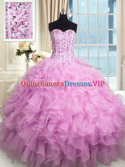 Delicate Lilac Sweetheart Neckline Beading and Ruffles and Sequins Quinceanera Gown Sleeveless Lace Up - Click Image to Close