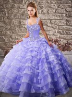 Sleeveless Organza Court Train Lace Up Quinceanera Dress in Lavender with Beading and Ruffled Layers