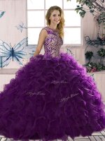 Sleeveless Floor Length Beading and Ruffles Lace Up Quince Ball Gowns with Purple