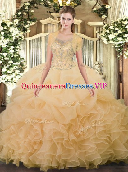 Ball Gowns Quince Ball Gowns Champagne Scoop Tulle Sleeveless Floor Length Clasp Handle - Click Image to Close