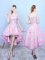 Rose Pink A-line Lace Dama Dress for Quinceanera Lace Up Tulle Short Sleeves High Low