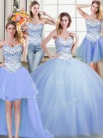 Chic Four Piece Light Blue Ball Gowns Tulle Sweetheart Sleeveless Beading Floor Length Lace Up Sweet 16 Dresses