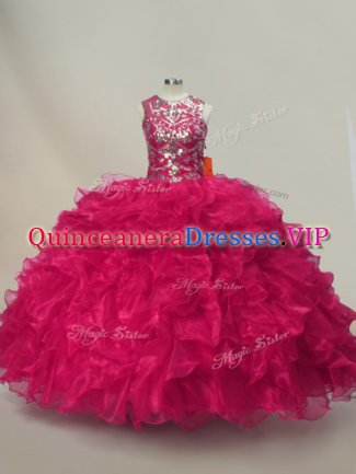 Hot Pink Sweetheart Neckline Ruffles and Sequins Quinceanera Gowns Sleeveless Lace Up