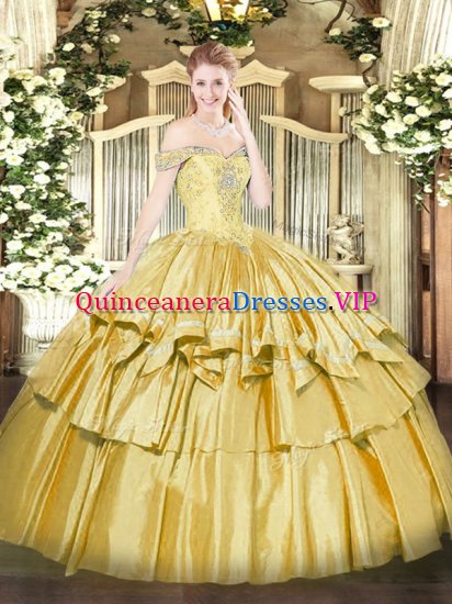 Sophisticated Sleeveless Floor Length Beading and Ruffled Layers Lace Up 15 Quinceanera Dress with Gold - Click Image to Close