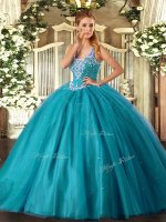 Teal Lace Up Quinceanera Dress Beading Sleeveless Floor Length
