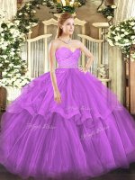Super Fuchsia Tulle Zipper Sweetheart Sleeveless Sweet 16 Quinceanera Dress Brush Train Beading and Lace and Ruffled Layers